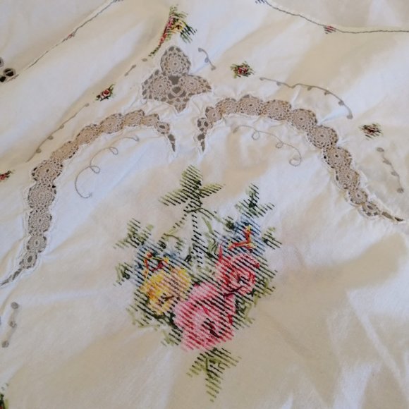 VTG Embroidered Floral Cross Stitch Crochet Tablecloth Hand Stitched Cut Work - Picture 13 of 16